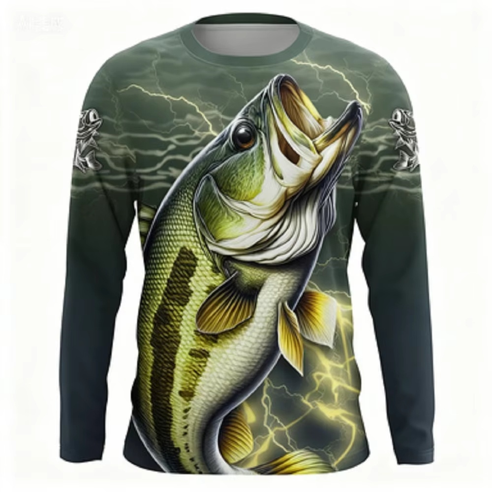 Men'S Fashion Undershirt - Fashionable Bass Pattern Crew Neck Long