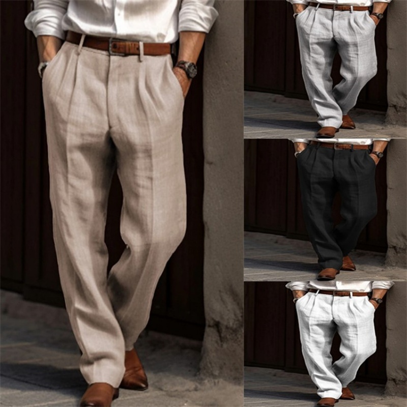 Vintage Solid Color Loose Line - Men'S Fashion Linen Pants ulasan dan harga